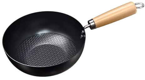 GRIRIW Pequeño wok de hierro fundido redondo sartén tradicional para cocina de gas y llama abierta mango ergonómico para cocina diaria