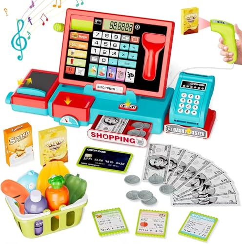 SliBoeyX Spielzeug-Kassen-Set für Kinder, mit echter Rechner-Funktion, Kaufladen-Rollenspiel mit Musik, Scanner, Spielgeld, Lebensmitteln, Vorschul-Lernspielzeug Geschenk (red)