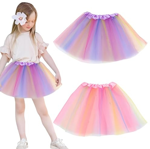 JOZMMZEOOA 2 Pcs Tutu Skirts Rainbow Tulle Skirt Neon Tutu Skirt Elastic Waistband Fancy Dress Hen Party Underskirts for Kids Girls Dance Birthday Princess Party (Pinkish-Purple)