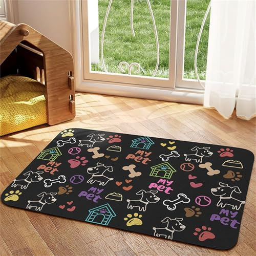 Hixingo Napfunterlage Hund Katzen Futternapf Unterlage, Saugfähige Haustier Futtermatte rutschfeste Hundenapf Unterlage Waschbar Katzennapf Futtermatte -Cartoon Muster (Schwarzer Hund,40x60cm)