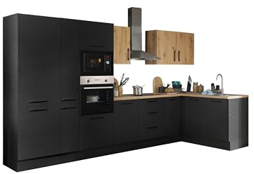 TURIN LBM Eckküche Winkelküche Artisan Eiche Optik Schwarz 360 x 211 x 60cm | Küche ohne Küchengeräte, L-Form, L-Küche, Einbauküche ohne Elektrogeräten, geräumig, mit viel Stauraum, modernes Design