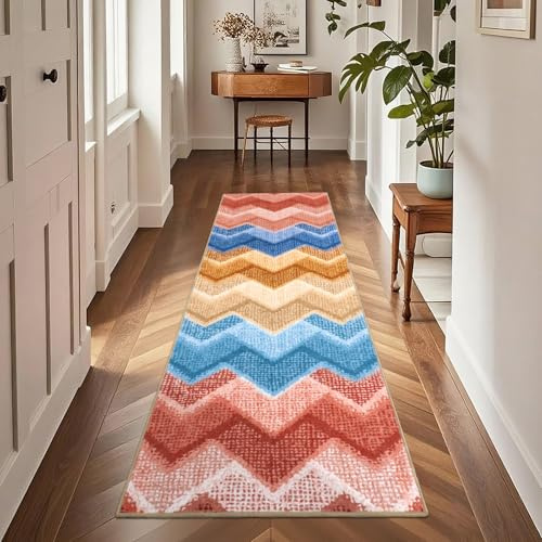 TUKDAK Boho Hallway Runner Rug Non Slip 60x180cm, Geometric Rainbow Washable Kitchen Carpet Runner, Colorful Bohemian Long Hall Rug for Entryway Bedroom Laundry Living Room, Low Pile Non Shedding