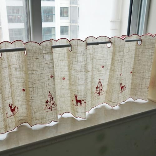 A.Monamour Gardine Scheibengardinen Kurzstores Bauernhaus Landhausstil Beige Blickdichtes Leinen Weihnachtsbaum Hirsch Stickerei Öse Top Café, Rot Kurzgardinen Küche Cafe Kurz Vorhang Bistrogardine