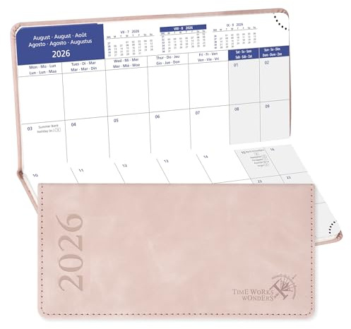 POPRUN Agenda de Poche 2026 Mensuel 17 x 8 cm - Couverture Souple en PU Cuir, 1 Mois 2 Pages, Petit Format Planner D'Jan 2026 à Déc 2026-12 Mois, Signet à rubans, Papier 80 g/m², Rose Doux