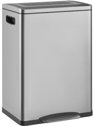 HOMCOM Mülleimer 40L Treteimer Abfalleimer mit Deckel Silber 40x34,8x59cm | Fußpedal, Müllbehälter mit 2 Inneneimern, Soft-Close-Funktion, Wohnzimmer, Büro, Edelstahl