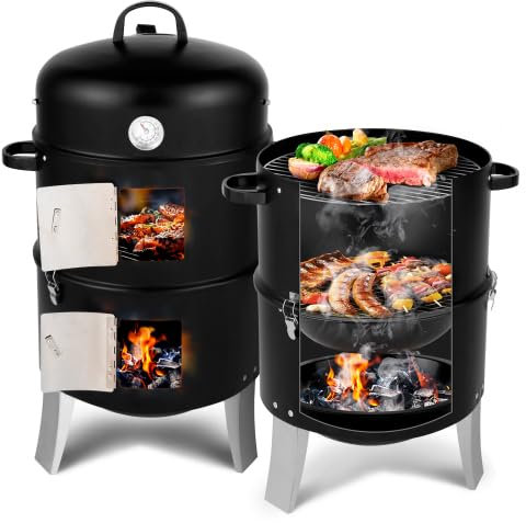HOBBYZOO Vertical Steel Smoker BBQ Charcoal Barbecues with Temperature Gauge, Heavy Duty Double Layer Round BBQ Grill for Outdoor Cooking