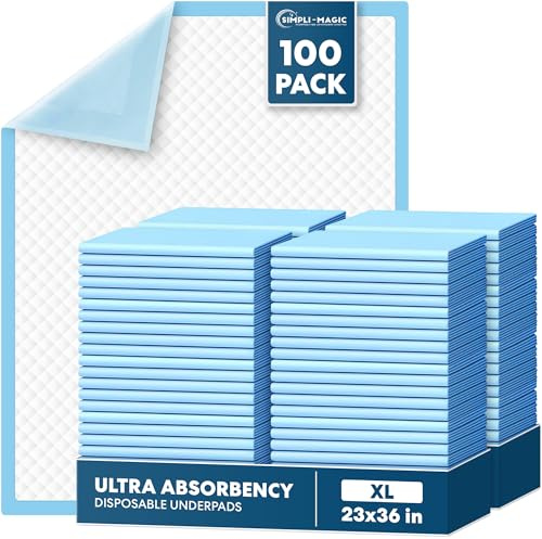Simpli-Magic Almohadillas Desechables de 23 x 36 Pulgadas (100 Unidades) para incontinencia, Fundas de Cama, Entrenamiento de Cachorros, protección Gruesa y súper Absorbente para niños, Adultos