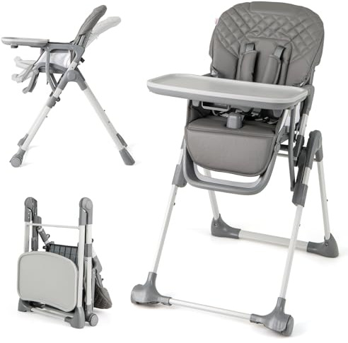 COSTWAY Hochstuhl Baby klappbar, Kinderhochstuhl mit Liegenfunktion & verstellbaren Höhen, mobiler Babystuhl mit abnehmbarer Tablett & Sicherheitsgurt, Kombihochstuhl für 6-36 Monaten (Grau)