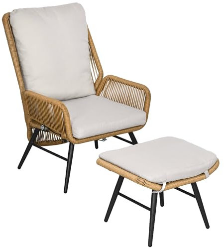 Outsunny Rattan Relaxsessel mit Fußhocker Outdoor Rattanstuhl mit Verstellbarer Rückenlehne Kissen, Gartensessel für Balkon Garten, Polyester, Stahl, Natur