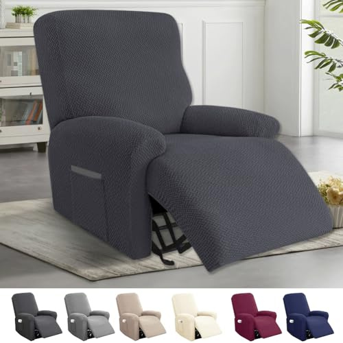 XJJAUGKLY Lot de 4 housses pour fauteuil relax, Housse étirable tout inclus pour fauteuil, Housse de fauteuil lavable avec poches, Housse de fauteuil, Housse de canapé, pour fauteuil inclinable (Gris