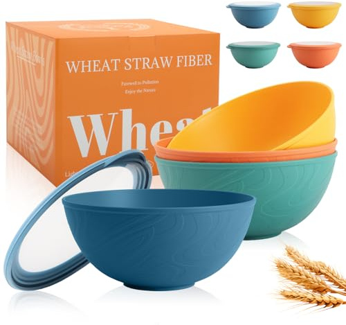 Perlapoc Wheat Straw Bowls Set with Lids, Unbreakable 40 OZ Cereal Bowls Set of 4, Salad Container for Lunch, Microwave & Dishwasher Safe Bowl Set for Kitchen, Picnic, RV, Camping, Multi