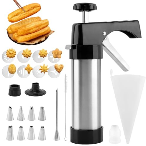 Machine à churros, kit pistolet à churros en acier inoxydable avec 8 douilles à douille, 8 disques à biscuits et brosse de nettoyage, presse à biscuits multifonction 3 en 1 (couleur : noir + argent)