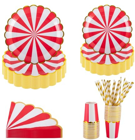 Lot d'assiettes, gobelets et serviettes de table en carton rouge et blanc de 18 cm et 23 cm, pour 25 invités, parfait pour les fêtes, événements et célébrations