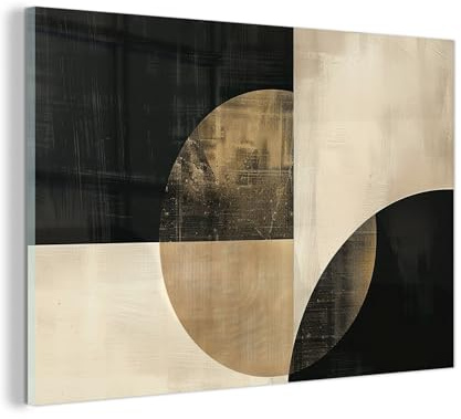MuchoWow© Glasbilder Deko Schlafzimmer Aesthetic Wohnzimmer Glas Gemälde | 120x80 cm - Foto Geschenk Living Room Decoration Abstrakt - Kreise - Schwarz - Gold