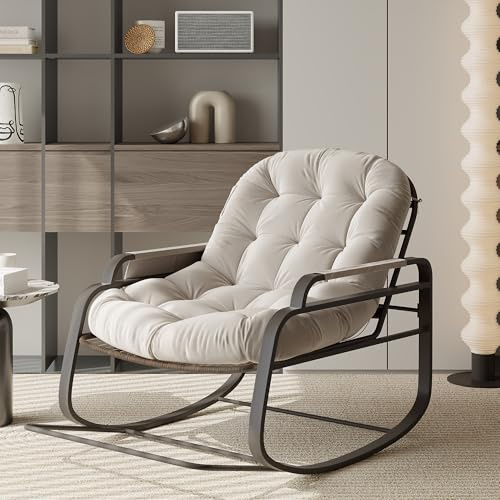 Schaukelstuhl für drinnen und draußen, Schaukelstuhl für den Außenbereich, mit Kissen, Schaukelstuhl mit Aufbewahrungstasche und Fußstütze, faltbar, für Wohnzimmer, Balkon, Beige