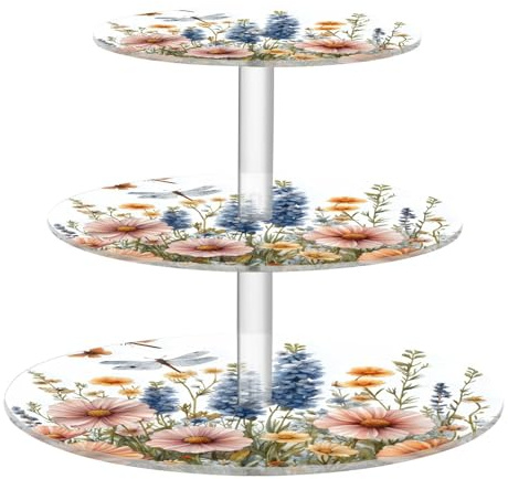 Blueangle 3-Tier Round Cupcake Stand – Colorful Herbs and Flowers Acrylic Dessert Tower, Non-Slip Tiered Dessert Stand for Baby Shower, Birthday, Wedding Party （593）
