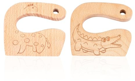 AIRTILY 2 Stück Küchen-Kinderspielzeug-Holzmesser, Niedliche Cartoon-Kindermesser, Küchen-Obstmesser, Kochlehrspielzeug.
