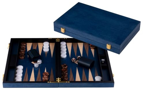 Engelhart-250555 – Backgammon Holz 18 Zoll (45,5 cm) Luxus Koffer Maserholz Walnuss-Inlay – Offen 52 × 45,5 cm – Braun/Weiße Steine – Würfel & Becher – Traditionelles Brettspiel