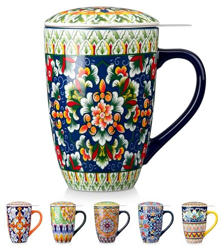 vancasso Ceramic Tea Mug with Infuser and Lid, 18 Ounce Bohemian Loose Leaf Cup, Microwave & Dishwasher Safe, Perfect for Tea, Coffee, Sage-Scarlet Floral