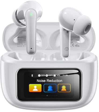 Kopfhörer Kabellos Bluetooth 5.4, In Ear Kopfhörer Bluetooth mit Touchscreen & 5 EQ Modi, Bluetooth Kopfhörer ANC/ENC Noise Cancelling, 8H Spielzeit, IPX7 Wasserdicht Sport & Gaming Kopfhörer, Weiß