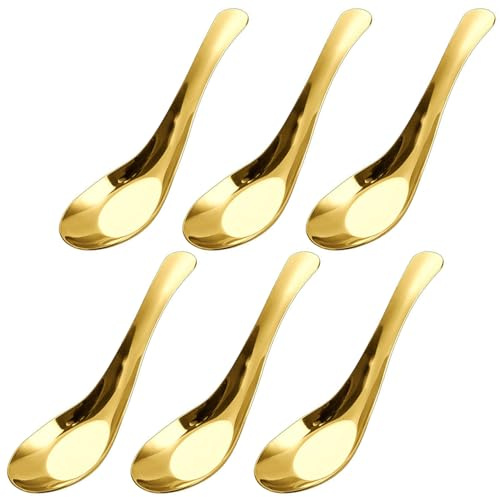 Juego de 6 cucharas de sopa chinas, cucharas de sopa asiáticas pulidas espejo de acero inoxidable con mango corto para caldo, postre, cereales, miso tailandés, ramen dorado