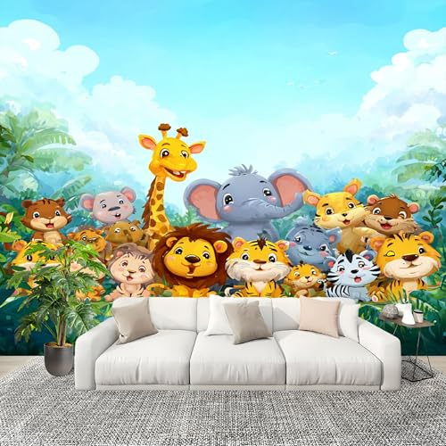 3D Créatif Papier Peint Panoramico Dibujos Animados Selva Animales Décoration De La Maison Papel Tapiz Imperméable Murales 250X175 cm Azul Verdoso Amovibles ExtraíBle Para Despegar Y Pegar Fotomurales