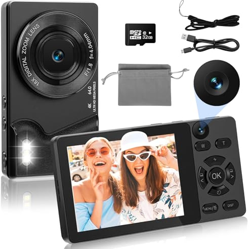 HERBYD Cámara Digital 4K 64MP con Dual Cámara Frontal y Trasera, Autofoco, Pantalla de 2,8 Pulgadas 18X Zoom Digital 32GB Tarjeta Compacta Cámara para Vlogging Niños Adolescentes (Negro)