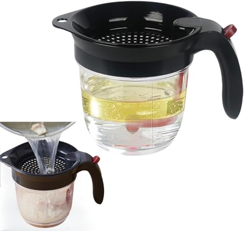 Fetttrennkanne für Soßen, Fettabscheider 1000ml, Doppelfiltrations Fetttrenner, Ein Knopf Pressefreigabe Spender, Einfaches Abscheiden von Fett