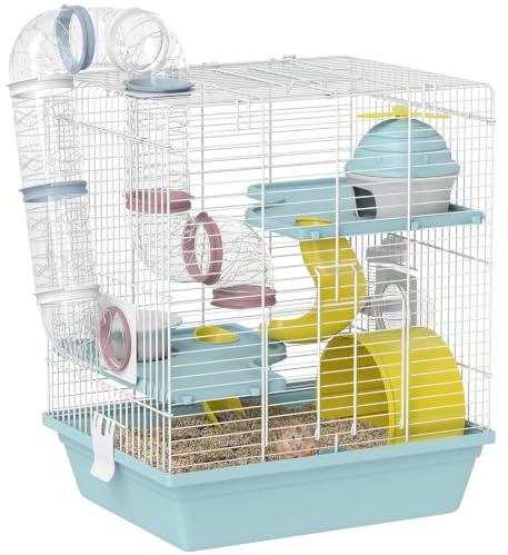 PawHut 3-Level Hamster Cage for Dwarf Hamster 34.5 x 27.5 x 41 cm Blue | Gerbil Cage, Exercise Wheel, Tunnels, Water Bottle, Food Bowl, House, Ramps
