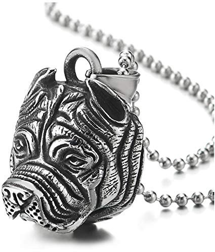 COOLSTEELANDBEYOND Hundeschmuck Herren Damen Vintage Pitbull Stier Hund Kopf Anhänger mit 75cm Stahl Kugelkette