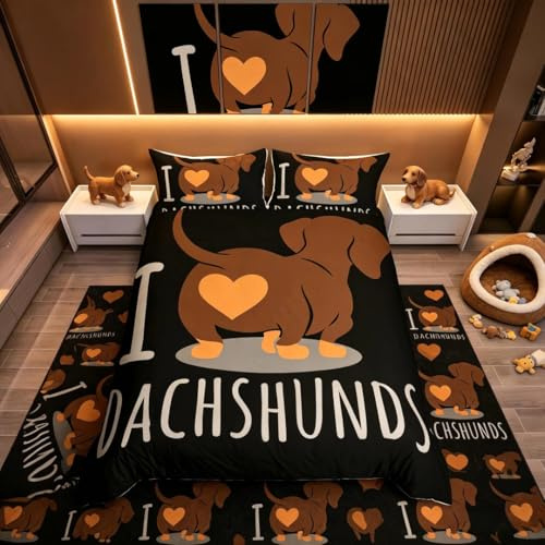 Homemissing Set di biancheria da letto per cani e cuccioli, motivo bassotto con cartoni animati, 3 pezzi, per letto, colore: nero