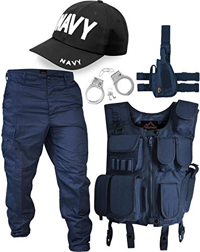normani SWAT Kostüm Navy bestehend aus Weste, Hose, Pistolenholster, Cap und Handschellen Navy L