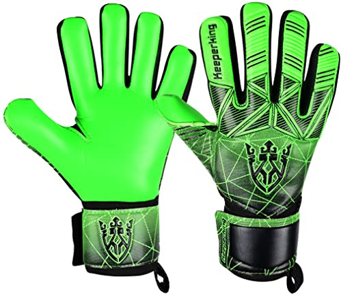 Keeperking Torwarthandschuhe Erwachsene Kinder Jugend mit und ohne Fingerschutz Fußballhandschuhe abnehmbar fingersave 4mm Unisex (5,Grün-Abnehmbar FS)
