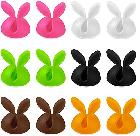 JIXIN Cable Clips Desktop, Silicone Cute Bunny Cable Holders Cable Management Adhesive Drop Wire Holder, 12 Pack 6 Color