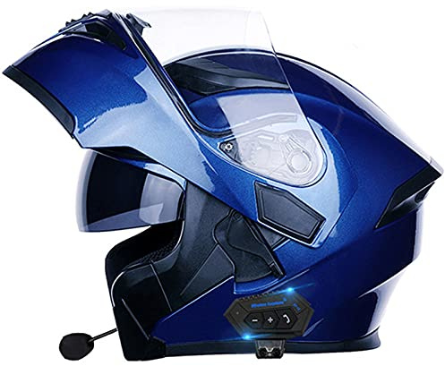 Casque De Moto Modulable Bluetooth Intégré Homologué ECE/DOT Avec Double Visière Anti-Buée Et Microphone Casque De Moto Intégral Pour Hommes Femmes Adultes Blue,M