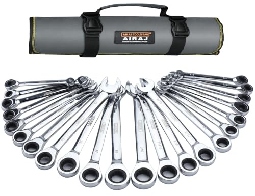 AIRAJ Combination Wrench Set,22-Piece Ratcheting Wrench Set,Long Open End,72-Tooth Ratchet Drive,CR-V Steel,Organizer With Tool Roll Bag,1/4-3/4 & 6-18mm,SAE & Metric