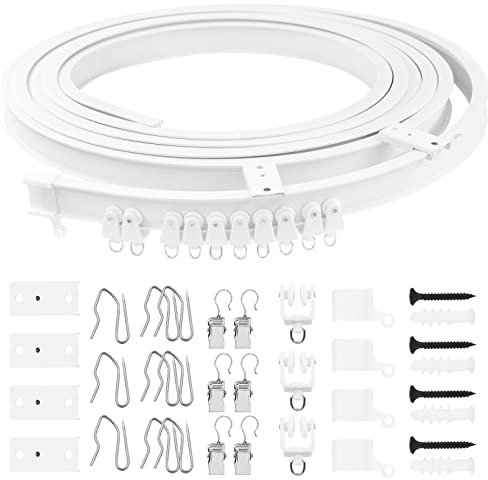 Glarks 155Pcs 5M/16.4ft White Bendable Curved Ceiling Curtain Track Set, Includes 40Pcs 3.5CM Curtain Hooks, 40Pcs Curtain Clips for U Shape L Shape Shower Curtains Bay Window Room Divider