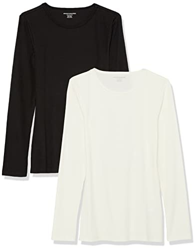 Amazon Essentials Haut à Encolure Ronde et Manches Longues, Coupe ajustée, en Maille côtelée (Existe en Grandes Tailles) Femme, Lot de 2, Blanc Cassé/Noir, XXL