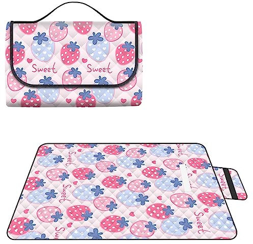 Yoonqun Picknickdecke Wasserdicht 150x100cm,Groß Outdoor Faltbare Picnic Blanket mit Tragegriff,Picnic Decke Waschbar für Camping,Picknick,Wandern,BBQ,Reisen Campingdecke,Rosa Erdbeere