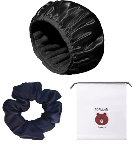 1 cuffia da doccia a tre strati con 1 elastico per capelli e 1 borsa portaoggetti, cuffia da doccia per donne, ragazze (nero)