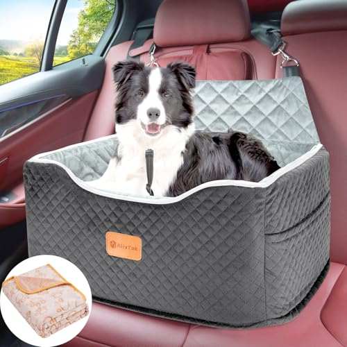 AlfaTok Memory Foam Booster Hundeautositz für mittelgroße Hunde (unter 20,4 kg): erhöht, abnehmbar, waschbar, rutschfest, für Auto-Rücksitz, Reise-Haustierbett mit Sicherheitsgurt