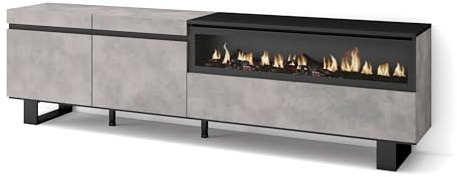Skraut Home | Mueble TV | Televisión | Muebles de salón, almacenaje | 200x57x35cm | para TV hasta 80 | Chimenea eléctrica | Diseño Industrial | Estilo Moderno | Cemento