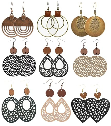 9 Pairs Boho Vintage Wooden Round Geometric Leather Earrings Retro Hollow Out Circle Earrings Big Lightweight Statement Jewelry Suitable for Women