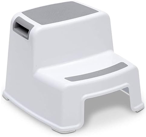 BUDDLEY Tritthocker 2 Stufen - Kinder & Erwachsene - Antirutsch - Küche Badezimmer WC - Kunststoff - Weiß Grau - 99 kg belastbar