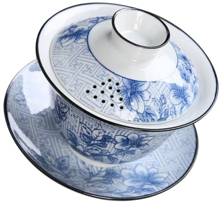HEMOTON 1 Juego Porcelana Gaiwan Taza De Flores Antiguas Taza y Plato De Té De Kung Fu De Porcelana Taza De Te Chino Porcelana China Gaiwan Sopera Azul y Blanca Delicado Viajar Cerámica