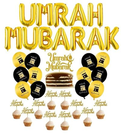 Umrah Mubarak Party Dekoration Folienballons Kuchen Cupcake Toppers - Gold