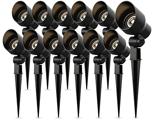 Low Voltage Landscape Spotlights 20W Halogen Spot Lights 12V AC 12PK Outdoor Black Landscape Lighting Kit with Spike Stakes and Connectors 145 Lumen for Garden Lawn