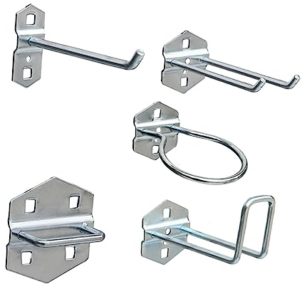 Healeved Assortiment De Crochets Pour Panneau Perforé 5 Pièces En Métal Crochet Simple Et Double Inclinés 100mm 60mm 25x55mm Organisation D’outils Murale Robuste