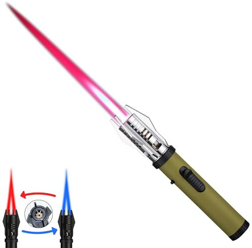 Torch Lighter, Bright Fire Lighter, Lightsaber Lighter with Safety Lock and Adjustable Red/Blue Flame, Refillable Butane Gas Lighter, for Cigar, BBQ, Baking, Camping, Gift for Man（Green）