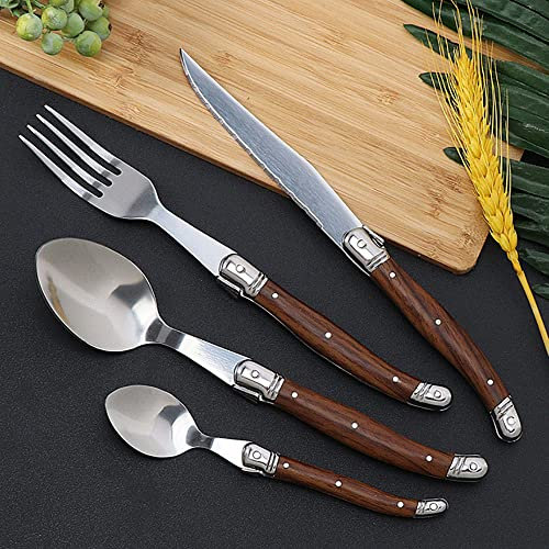 Ensemble d'argenterie en bois pour 6 couverts en acier inoxydable durable, ensemble d'ustensiles de table en bois de 24 pièces comprenant des couteaux, des fourchettes et des cuillères pour la maison,
